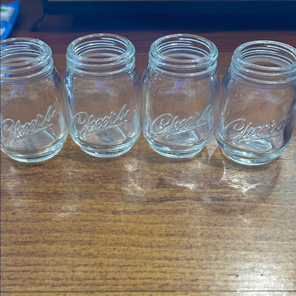 Set of 4 Clear Glass 'Cheers' Mini Jars